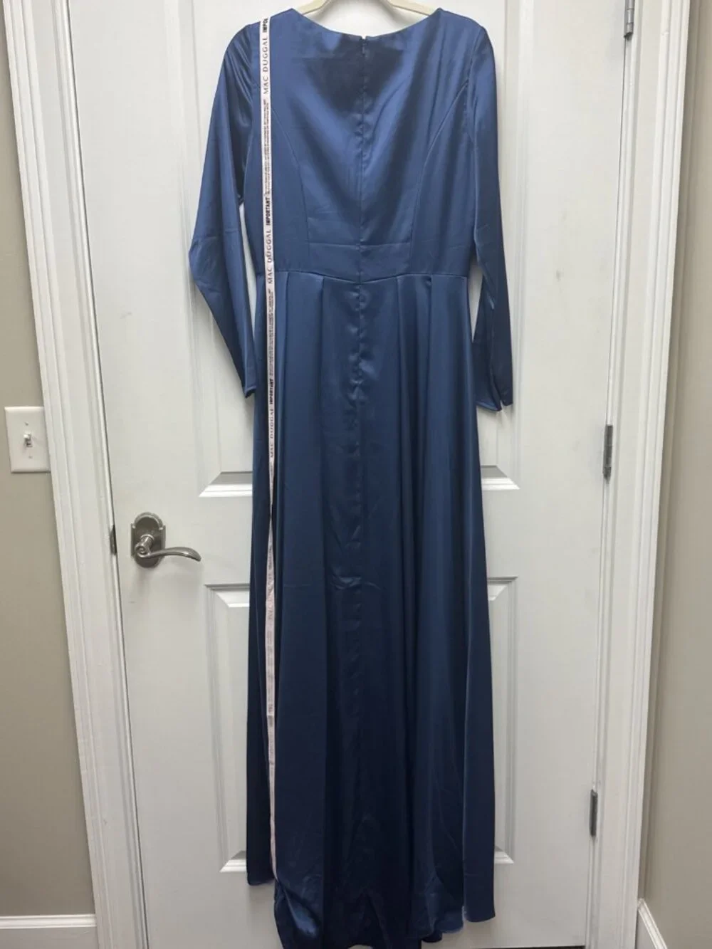 Mac Duggal Size 8 Blue 26613 Long Sleeve Satin A-Line Formal Gown Dress Wedding - Picture 8 of 12